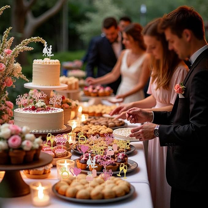 30 PCS He Asked She Said Yes Cupcake Toppers Glitter Miss to Mrs I Do Love Heart Ring Cupcake Picks Wedding Engagement Cake Decorations for Wedding Engagement Bridal Shower Party Supplies Colorful