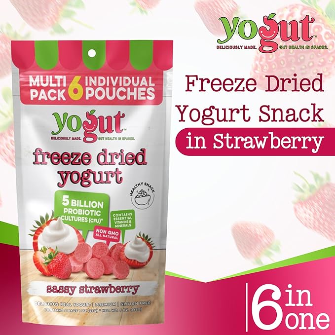 YoGut Freeze Dried Yogurt Snack, Strawberry, 6 Pack, Healthy Snacks for Kids, Toddlers & Adults, Gluten Free, Non GMO, With 5 Billion Live Probiotics, Vitamins & Minerals, Individual Snack Packs