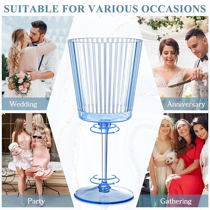 12 PCS Blue Ribbed Plastic Wine Glasses 13.5 OZ Ribbed Wine Glasses Detachable Wine Glass Elegant Fluted Glassware Vintage Style for Wedding Anniversary Birthday Dinner Parties(Blue, 12 Pack)