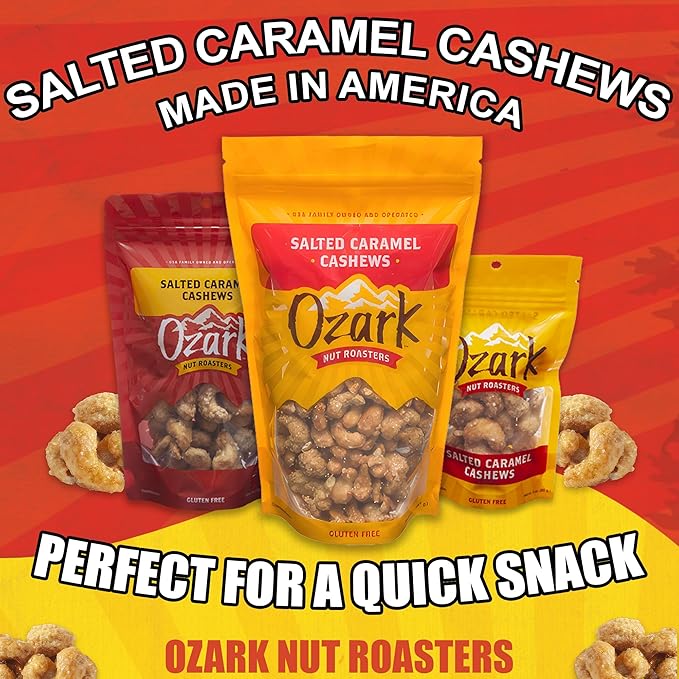 OZARK NUT ROASTERS: Salted Caramel Cashews, Gourmet Flavored Snack Nuts, Blend of Sugar, Sea Salt & Caramel, Pack of 1 (7.0 oz)