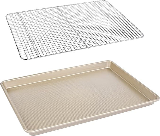 Kitcom Large Cookie Sheet 17.7x12.8in with Rack, Nonstick Baking Pan/Tray with Stainless Steel Cooling Baking Rack Sets, Pack of 2