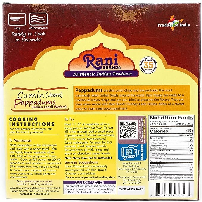 Rani Pappadums (Indian Lentil Wafer Snack) Jeera (Cumin) Papad 7oz (200g) Approximately 15pc, 7 inches ~ All Natural | Gluten Friendly | NON-GMO | Vegan | Indian Origin