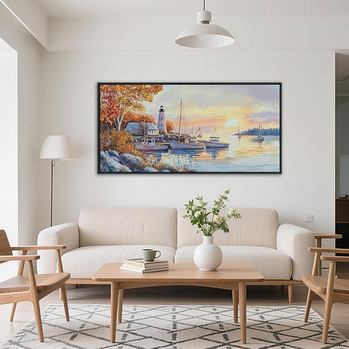 QZQCBLC Harbor Landscape Wall Art, Sunset Over the Sea Homeward-bound Boat Pictures Artwork Large Modern Lighthouse Ocean View Painting Framed for Living room Bedroom kitchen Home Office Decor 24x48 IN