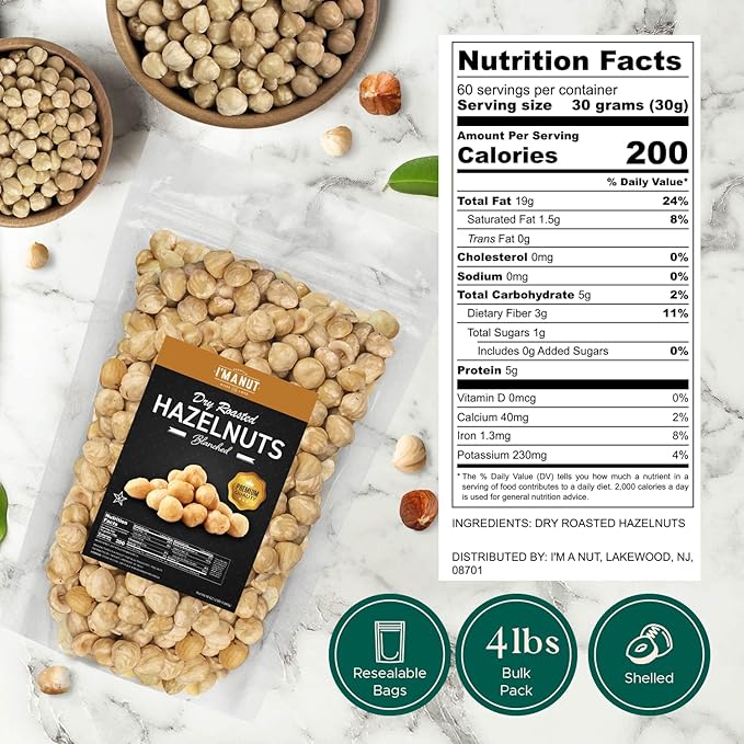 Premium Natural Toasted Unsalted Hazelnuts, 64oz (4 lb) - Small Batch Roasted, Blanched, Non-GMO, Batch-Tested Gluten & Peanut-Free, Vegan, Keto-Friendly, No Preservatives