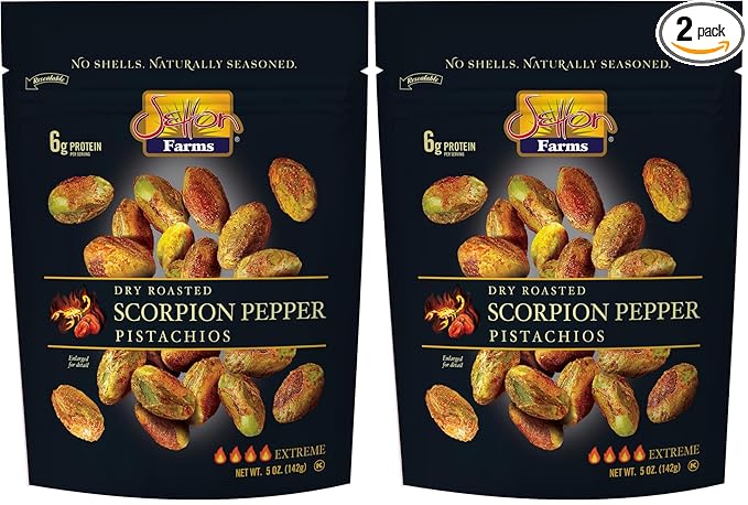 Setton Farms Pistachios, Scorpion Pepper Extreme Flavor, Naturally Seasoned, Dry Roasted No Shell, Non-GMO Project Verified, Gluten Free, Vegan, Kosher, 5 Oz (Pack of 2)