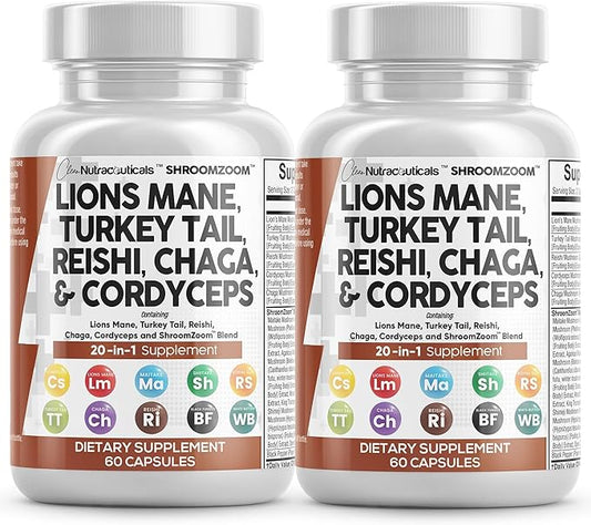 Clean Nutraceuticals Lions Mane 20in1 Mushroom Supplement with Turkey Tail Reishi Cordyceps Chaga