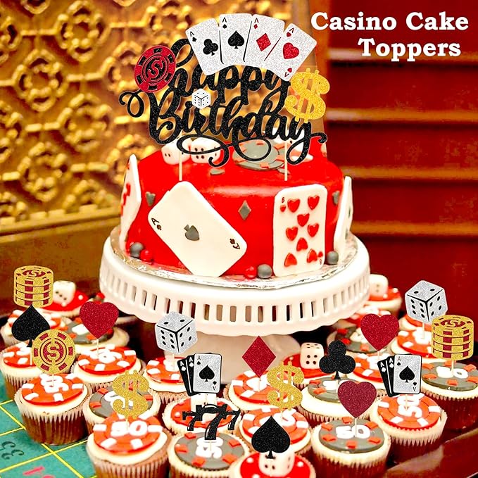 24 PCS Casino Cupcake Toppers Glitter Casino Themed Party Decorations with Chips Dice Las Vegas Night Theme Birthday Party Decorations Supplies