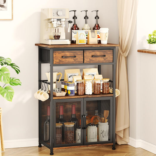 SWTYMIKI Coffee Bar Cabinet with Drawer - Coffee Stand Station with Removable Hooks, Buffet Cabinet