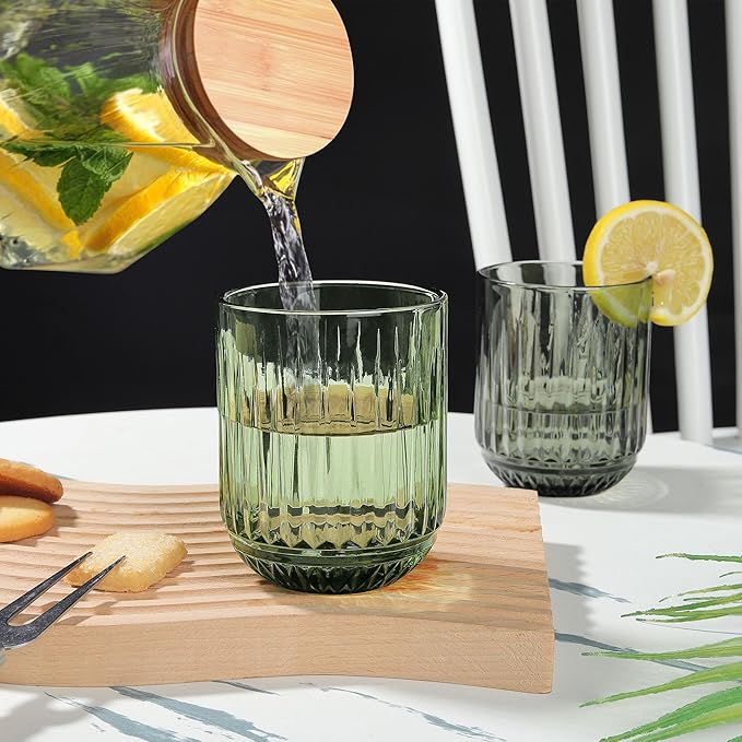 Joeyan Vintage Small Drinking Glasses,9 oz Ribbed Colored Water Cocktail Tumblers Cups,Beer Wine Juice Milk Beverages Glassware,Set of 4,Dishwasher Safe