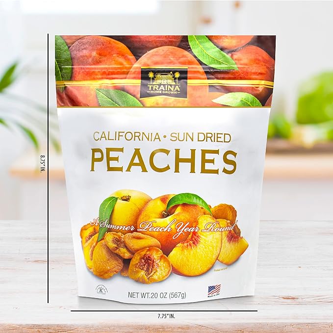 Traina Home Grown California Sun Dried Peaches - Healthy & Non-GMO, Natural Sweet Flavor Fruit No Sugar Added, Perfect Snack In Resealable Pouch (20 Oz)