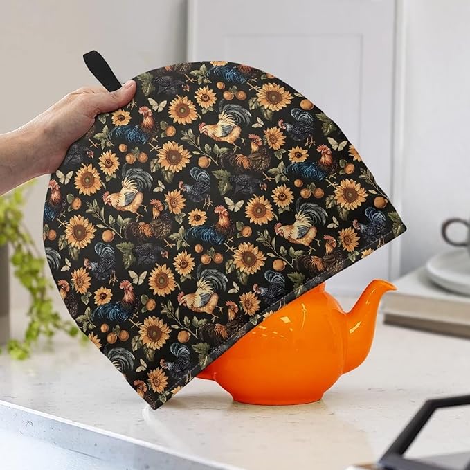 Sunflower Rooster Print Tea Pot Cover Warm Keeper with Top Hanging Loop Tea Cozy Insulated Teapot Dust Cover for Home Kitchen Decor