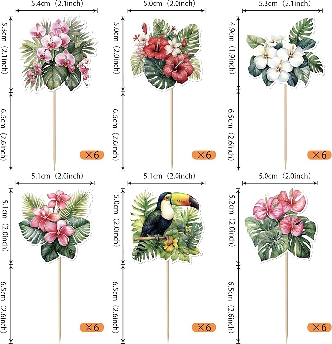 Rsstarxi 36 Pack Hawaiian Luau Flower Cupcake Toppers Hawaii Tropical Bird Cupcake Picks for Summer Bridal Engagement Baby Shower Birthday Hawaiian Luau Party Decorations Supplies