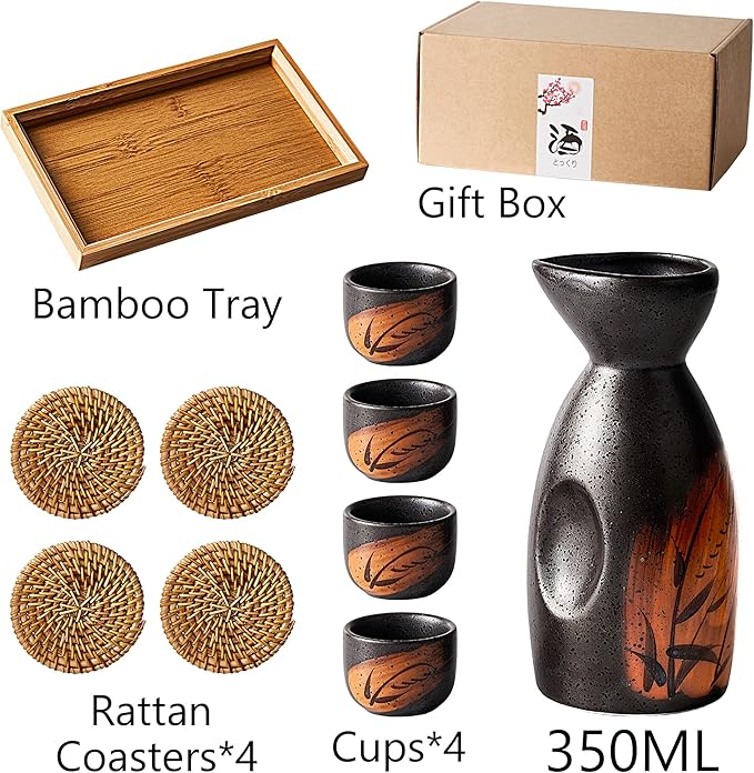 RECEESOON 10 Piece Traditional Japanese Sake Set with Tray, Korean Soju Glass, Black Sake Cups, Saki Cup Set, Japanese Gifts Set