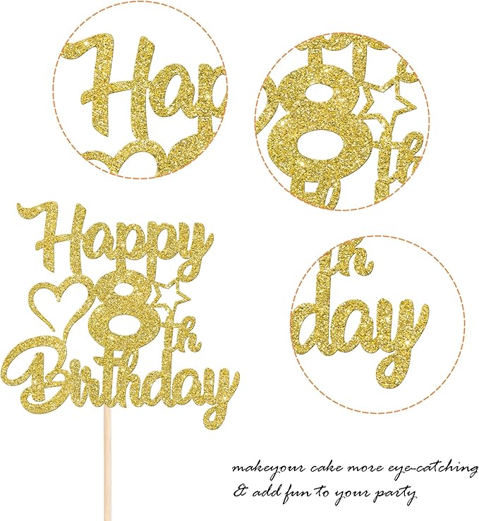 1 Pack Happy 8th Birthday Cake Topper Glitter Heart Star 8 Fabulous Cake Pick Birthday Sign Cake Decorations for 8th Birthday Theme Party Supplies Gold