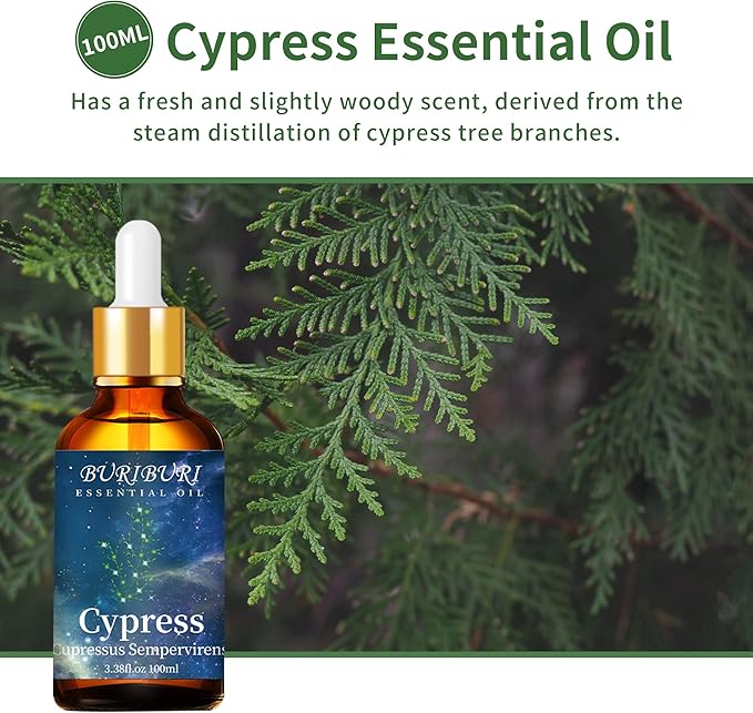 BURIBURI 100ML Cypress Essential Oil, 100% Pure Undiluted Aromatherapy Cypress Oil 3.38fl.oz for Soap, Candle Making, Massage, Diffuser, Humidifier