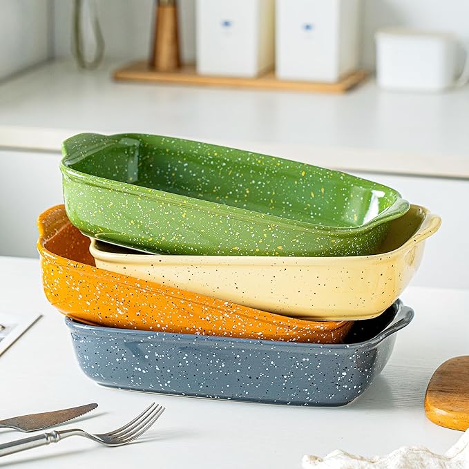 Ceramic Bakeware Dish Set of 3, Rectangular Baking Casserole for Oven,High Heat Resistant,Lasagna Pan Deep with Handles,Handcraft Speckle Series (13.8''/12''/9.6''Grey)