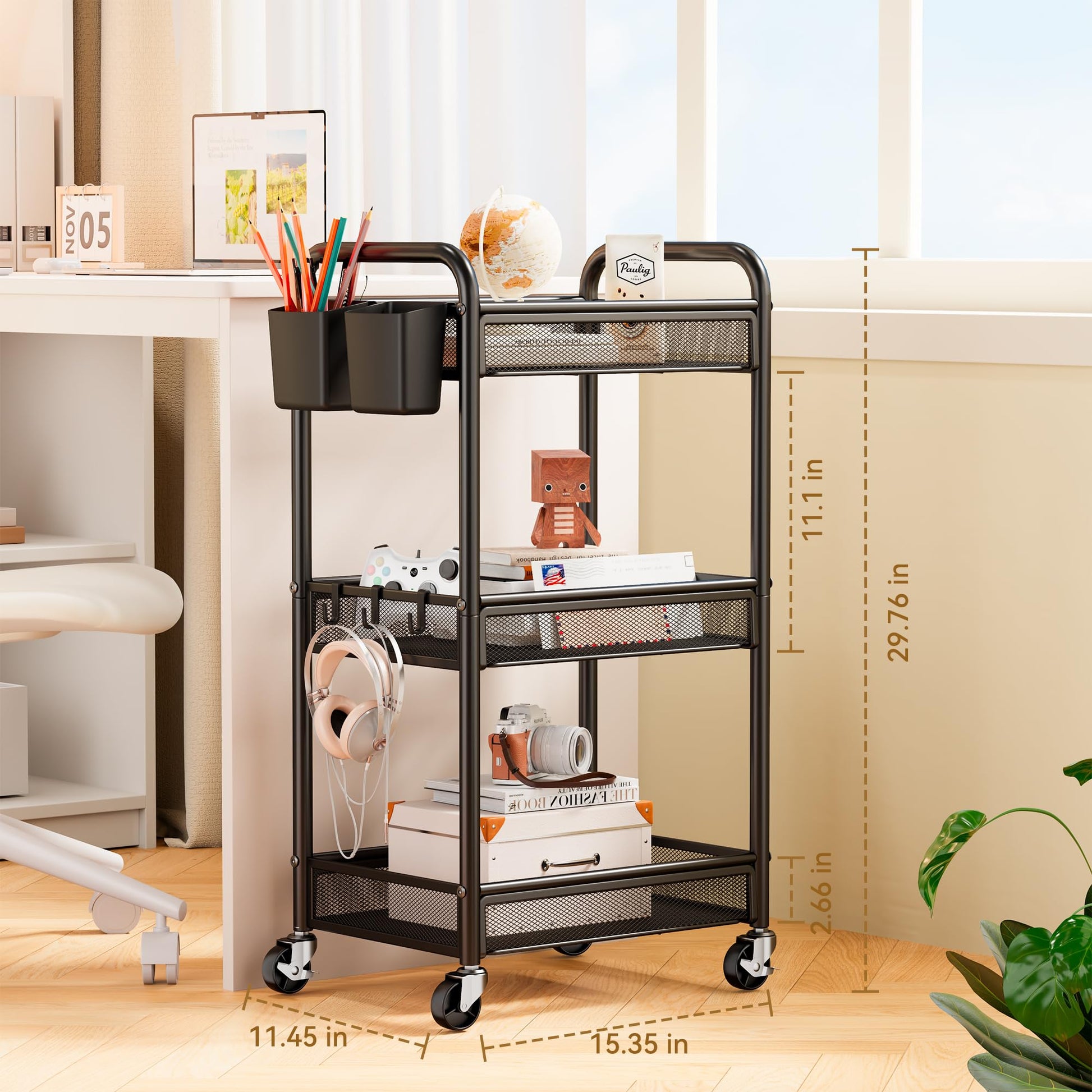 YASONIC 3 Tier Metal Rolling Cart, Black Utility Storage Cart with Wheels