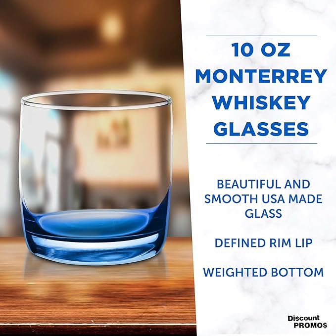 DISCOUNT PROMOS Whiskey Glasses 10 oz Set of 10, Bulk Pack - Heavy Base Old Fashioned Glass, Perfect for Scotch, Bourbon, Whiskey, Cocktail - Blue Bottom Color