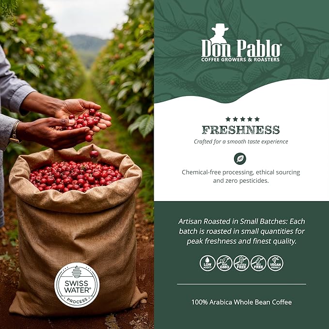 Don Pablo Colombian Decaf - Swiss Water Process Decaffeinated - Medium-Dark Roast Gourmet Coffee - 100% Arabica Whole Bean, Non-GMO, Low Acidity, 907g (2LB) Bag