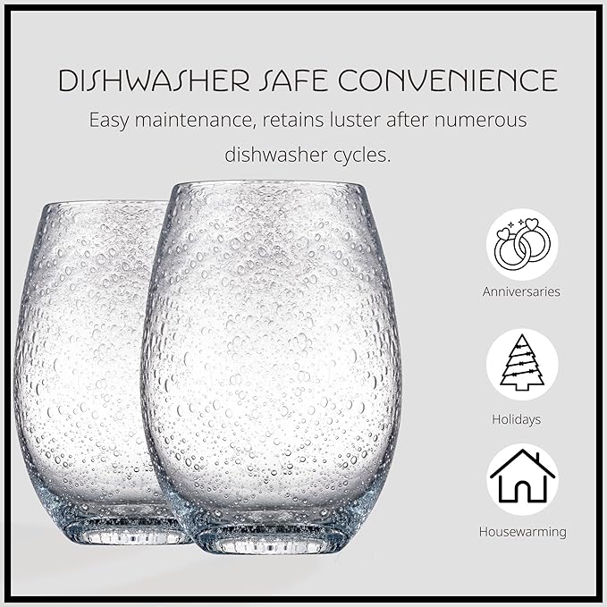 Artland Stemless Wine Glass, Set of 4 | Iris Seeded Design, Clear | Drinking Glass for Parties and Everyday Use - Wine, Champagne, Cocktail | Glassware & Barware Essentials