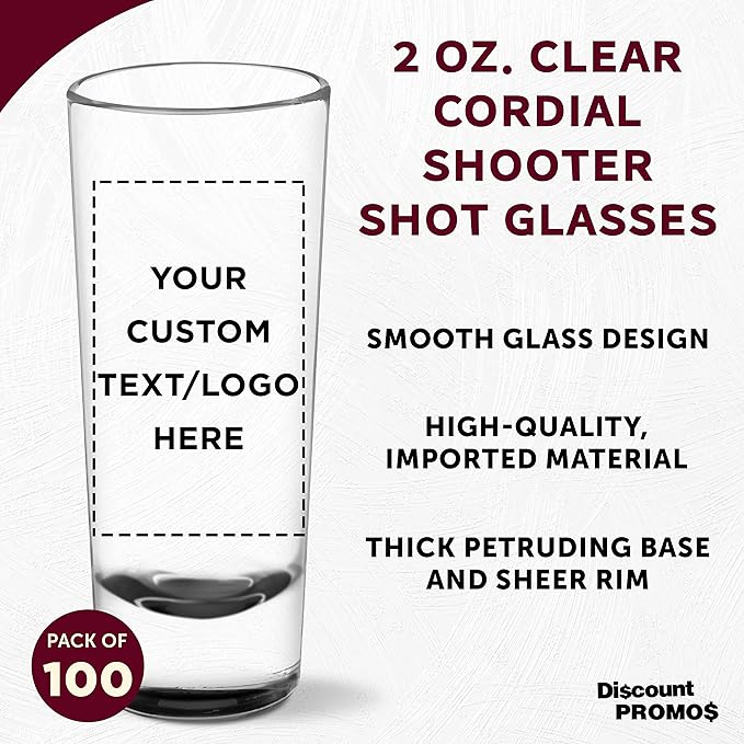 Custom Cordial Shooter Shot Glasses 2 oz. Set of 100, Personalized Bulk Pack - Great for Birthdays, Parties, Indoor & Outdoor Events - Black