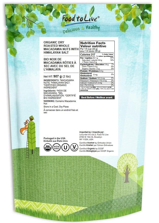 Food to Live Organic Dry Roasted Whole Macadamia Nuts with Himalayan Salt, 2 Pounds – Delicious and Nutritious Snack Made from Premium Non-GMO Nuts