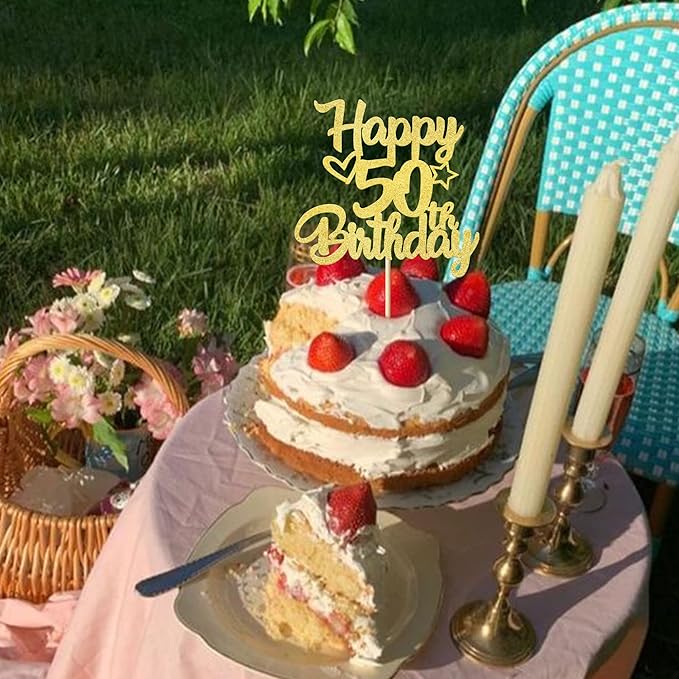 1 Pack Happy 50th Birthday Cake Topper Glitter Heart Star 50 Fabulous Cake Pick Birthday Sign Cake Decorations for Children 50th Birthday Theme Party Supplies Gold