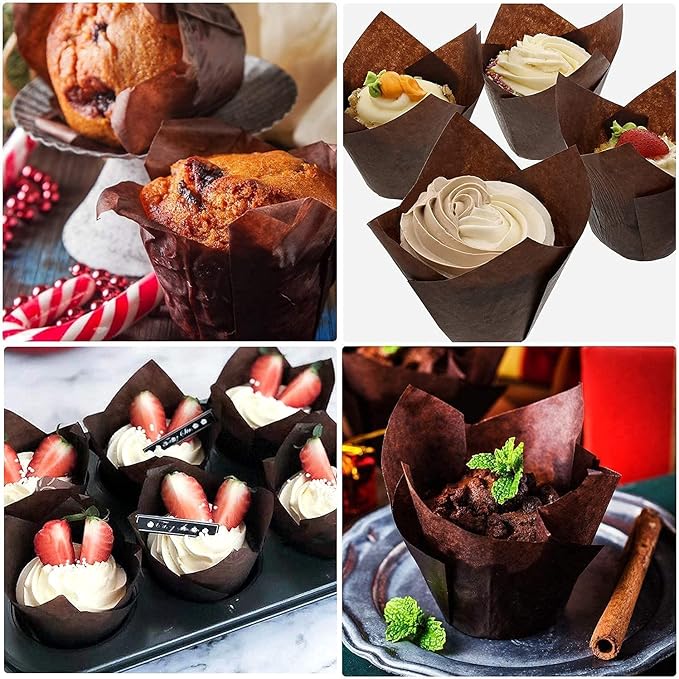 200PACK Tulip Baking Paper Cups Cupcake Liners Baking Cups Muffin Wrappers Greaseproof Paper Made,Perfect for Birthday Parties,Weddings,Bakeries,Restaurants, Brown