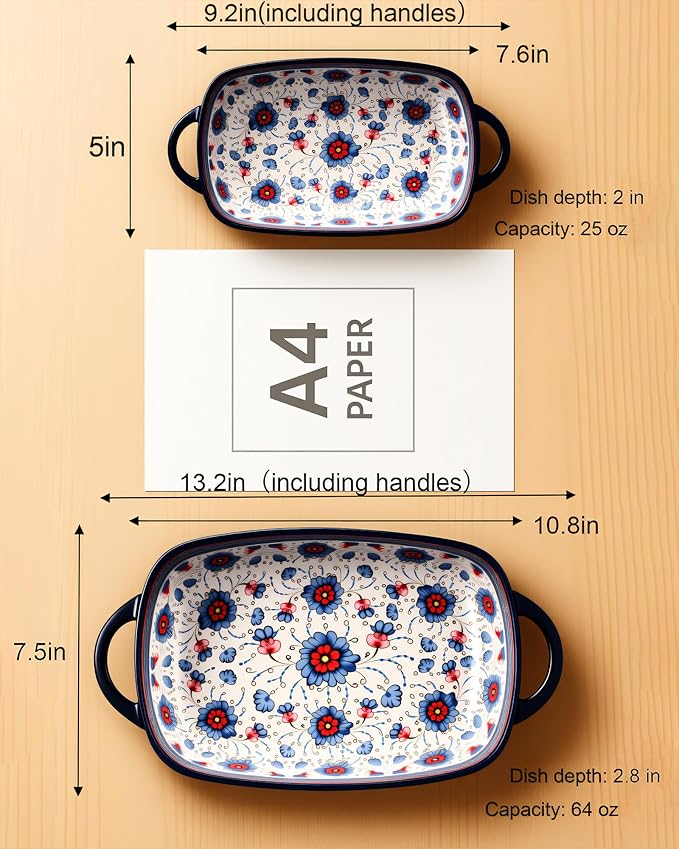Ceramic Baking Dish Set of 2 ??Decorative Polish Pottery Style Casserole Dishes with Handles, Cute Oven-Safe Lasagna Bakeware Gift Set
