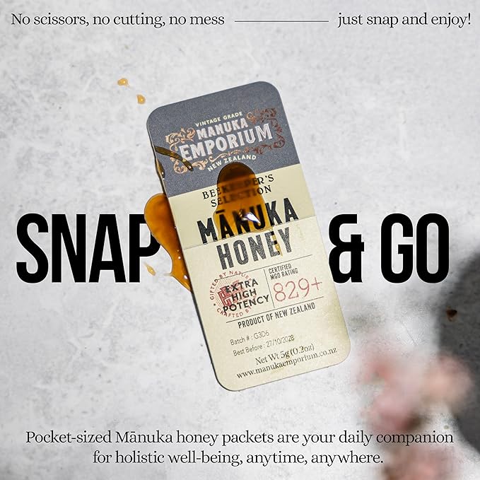 Manuka Emporium Raw Manuka Honey Packets MGO 829+ | 24 x 0.18oz Extra-Potent Snaps | Certified Monofloral New Zealand Honey | High Strength Superfood for Vitality, Recovery & Immune Support