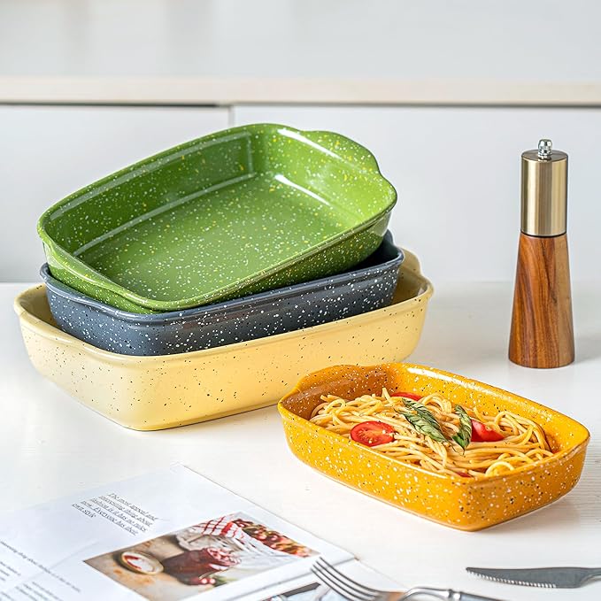 Ceramic Bakeware Dish Set of 3, Rectangular Baking Casserole for Oven,High Heat Resistant,Lasagna Pan Deep with Handles,Handcraft Speckle Series (13.8''/12''/9.6''Grey)