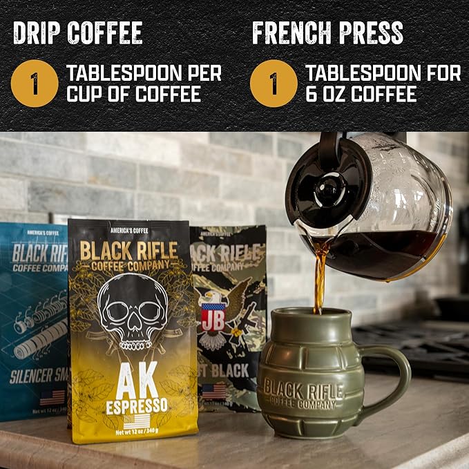 Black Rifle Coffee Company Ground Coffee Medium Roast - Roasted Blend Made from Pure Arabica Beans - Colombian & Brazilian Beans - Veteran Founded & American Made (AK Espresso, 12oz Bag)