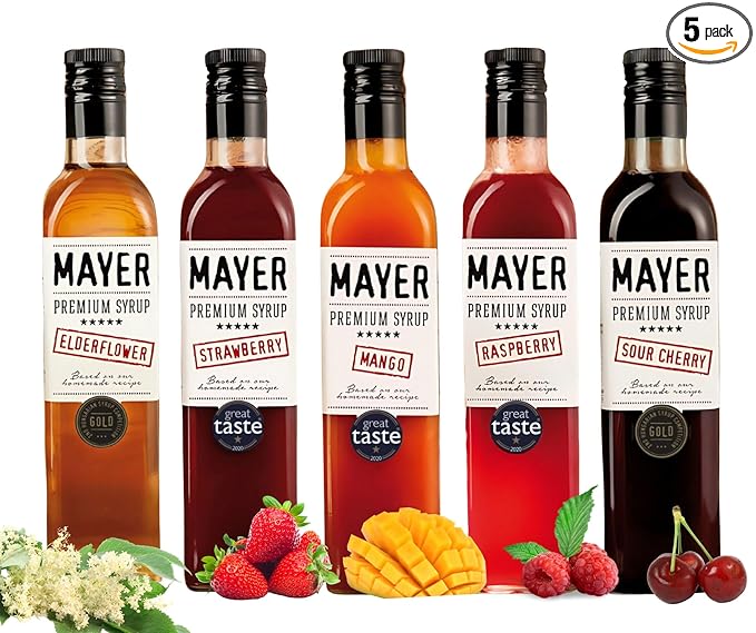 Mayer Hungarian Syrup 5-Flavor Variety Pack ??Award-Winning Artisan Fruit Syrups (Raspberry, Mango, Elderflower, Sour Cherry, Strawberry), All-Natural, No Artificial Additives, 5 × 16.9oz Bottles.