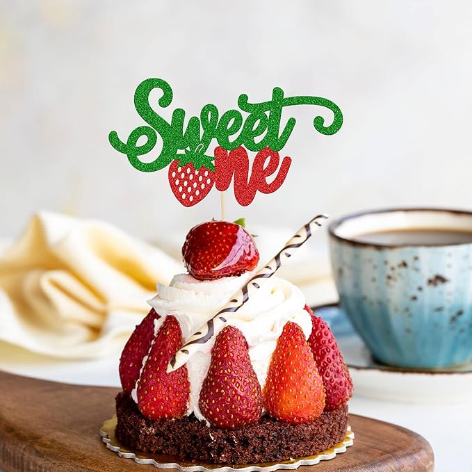 1Pc Strawberry 1st Birthday Cake Topper Red Glitter Sweet One First Birthday Strawberry Cake Pick Decoration for Sweet Fruit Theme Baby Shower Kids Birthday Party Supplies