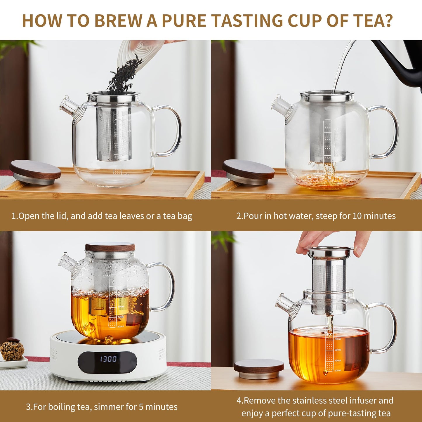 Glass Teapot with Infuser and Lid - 40oz Borosilicate Glass Teapot with Heat-Resistant Handle