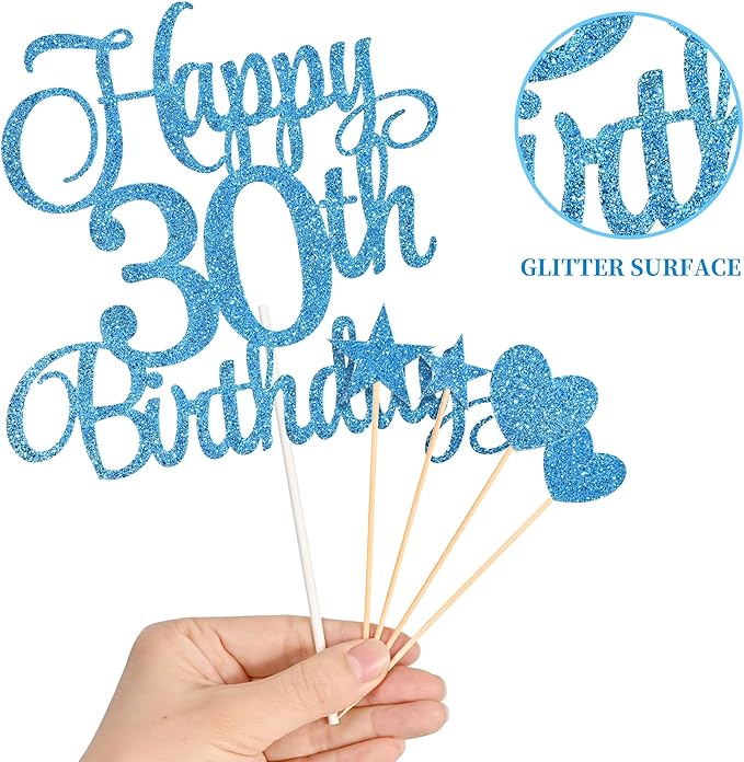 30th Birthday Cake Toppers, 30th Birthday Candles Numeral Candles and Glitter Cake Decorations Toppers Set for Party Supplies (Blue)