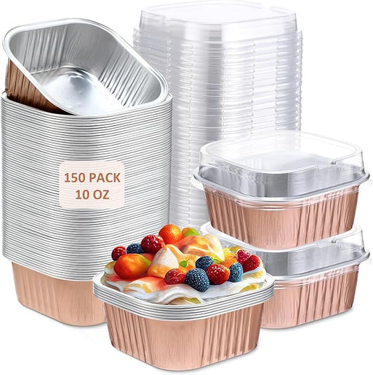 Aoriher 150 Pieces 10 oz Mini Cake Pans with Lids Aluminum Foil Baking Cups Square Disposable 4" x 4" Large Cupcake Cups Baking Tins for Kitchen Brownie Pudding Desserts Holders(Champagne)