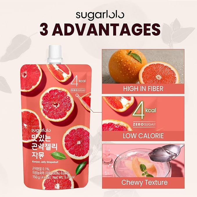 Sugarlolo Konjac Sweet Grapefruit Jelly Snack - Vegan Jello with Zero Sugar | Only 4 Calories per Pouch | Low Calorie Korean Snacks | 5.29 Oz (150g) | 10 Pack