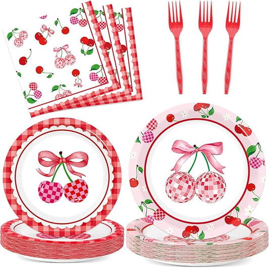 96Pcs Cherries Theme Plates and Napkins Pink Bow Cherry Birthday Party Decoration Disco Ball Disposable Dessert Cake Plates Cherries Paper Dinner Tableware for 24 Guests Girls Boys Kids Party Supplies