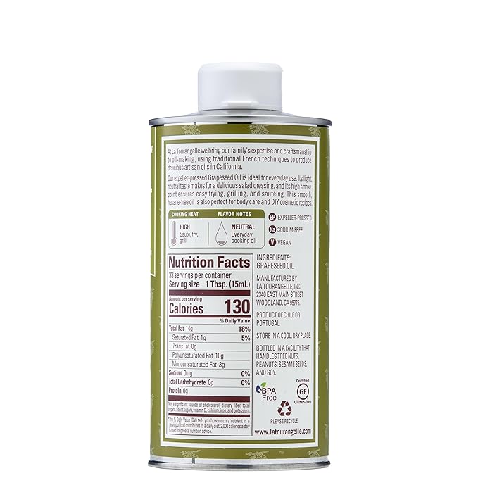 La Tourangelle, Expeller-Pressed Grapeseed Oil, High Heat Neutral Cooking Oil, Cast Iron Seasoning, Also Great for Skin, Hair, and DIY Beauty Recipes, 16.9 fl oz
