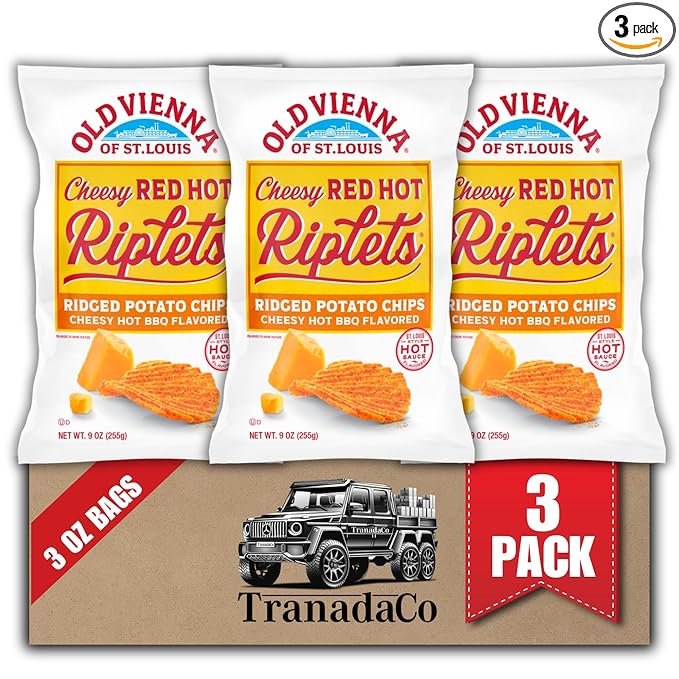 Old Vienna of St. Louis Cheesy Red Hot Riplets Ridged Potato Chips 3oz bags (Pack of 3) by TranadaCo
