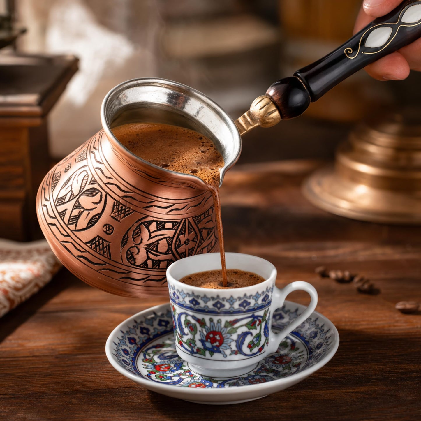 BCS 12 oz Handmade Copper Turkish Coffee Pot, Hand-Engraved Cezve & Spoon