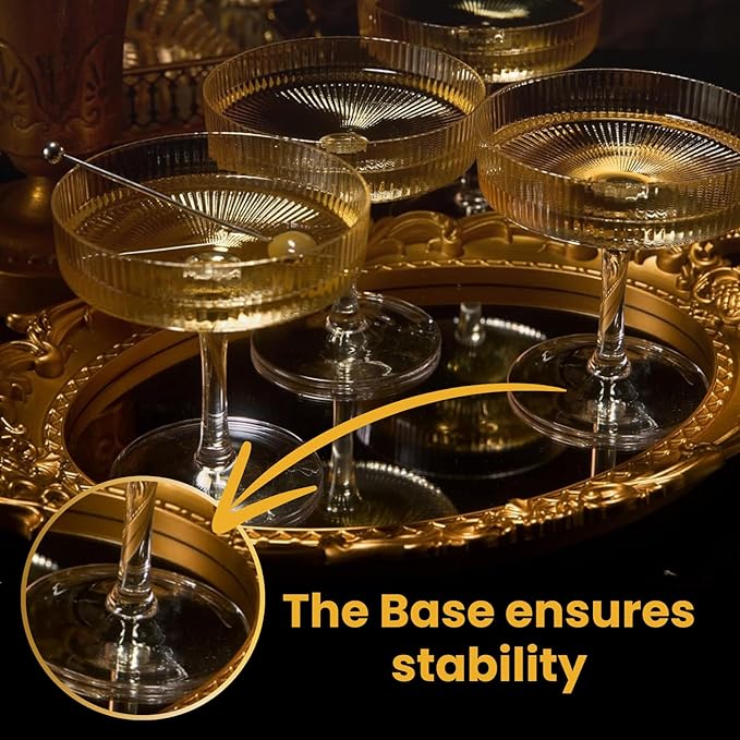 Khen Ribbed Vintage Art Deco Coupe Glasses - Martini, Champagne & Cocktail Ribbed Glasses 8oz | Cute Crystal Glassware Sets - Goblet Stemmed Ripple Glassware, Housewarming Glass Gifts, Clear, 4 Pieces