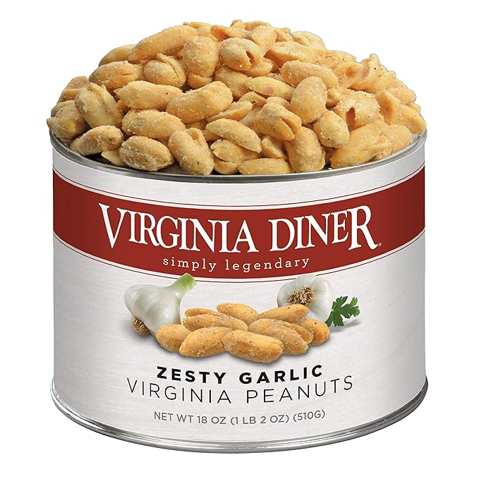 Virginia Diner - Zesty Garlic Seasoned Extra Large Virgnia Peanuts 18oz in Resealable Can for Snacking or Gifting