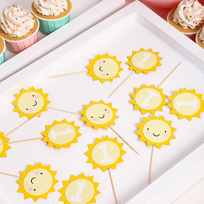12pcs Sunflower 1st Birthday Cupcake Toppers,You Are My Sunshine First Birthday Decoration, Sunflower Themed One Birthday Party Cupcake Toppers, Prop Photo Prop Decoration