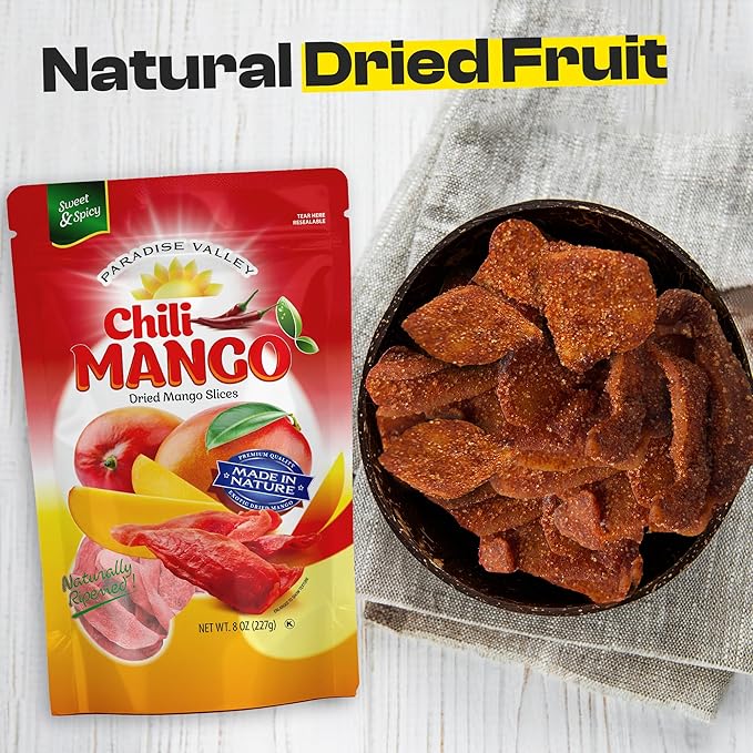 Dried Mango Slices - Delicious Texture Soft & Juicy Low Sugar Added Dried Mango - Naturally Ripened Mangos Dried Fruits - Gluten Free Dry Mangoes Natural Source of Vitamin C, Fiber, (8 oz chili)