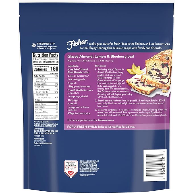 Fisher Chef's Naturals Unsalted Sliced Almonds 24oz (Pack of 2), Raw Nuts Perfect for Cooking, Baking & Snacking, Vegan Protein, Keto Snack, Gluten Free