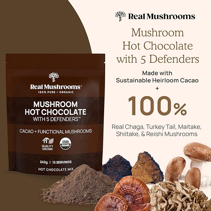 Real Mushrooms Organic Hot Chocolate Mix with Reishi, Turkey Tail, Chaga, Shiitake, Maitake ??Cacao Powder Organic Mushroom??5 Defenders Mushroom Cacao Powder, Vegan, Gluten-Free, 15 Servings