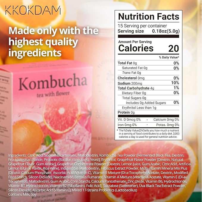 KKOKDAM Kombucha Tea - Grapefruit & Hibiscus Korean Tea - Kombucha Drinks Probiotic Support, Low Calorie, Sugar Free Kombucha Pack - 15 Packs
