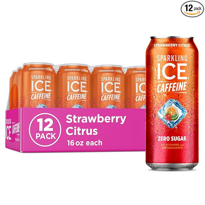 Sparkling Ice Caffeine Strawberry Citrus Sparkling Water with Caffeine, Zero Sugar, with Antioxidants and Vitamins,16 fl oz Cans (Pack Of 12)